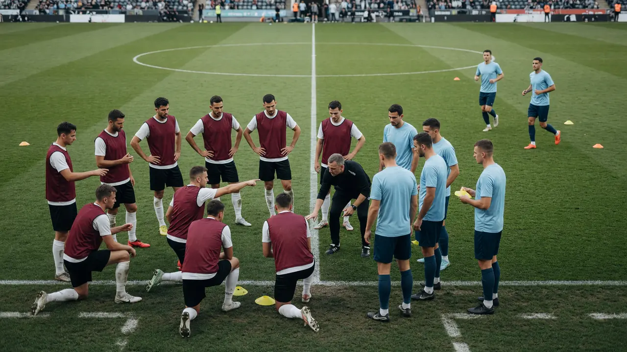 Players in a midfield cluster contesting the ball as teammates organise nearby on the pitch