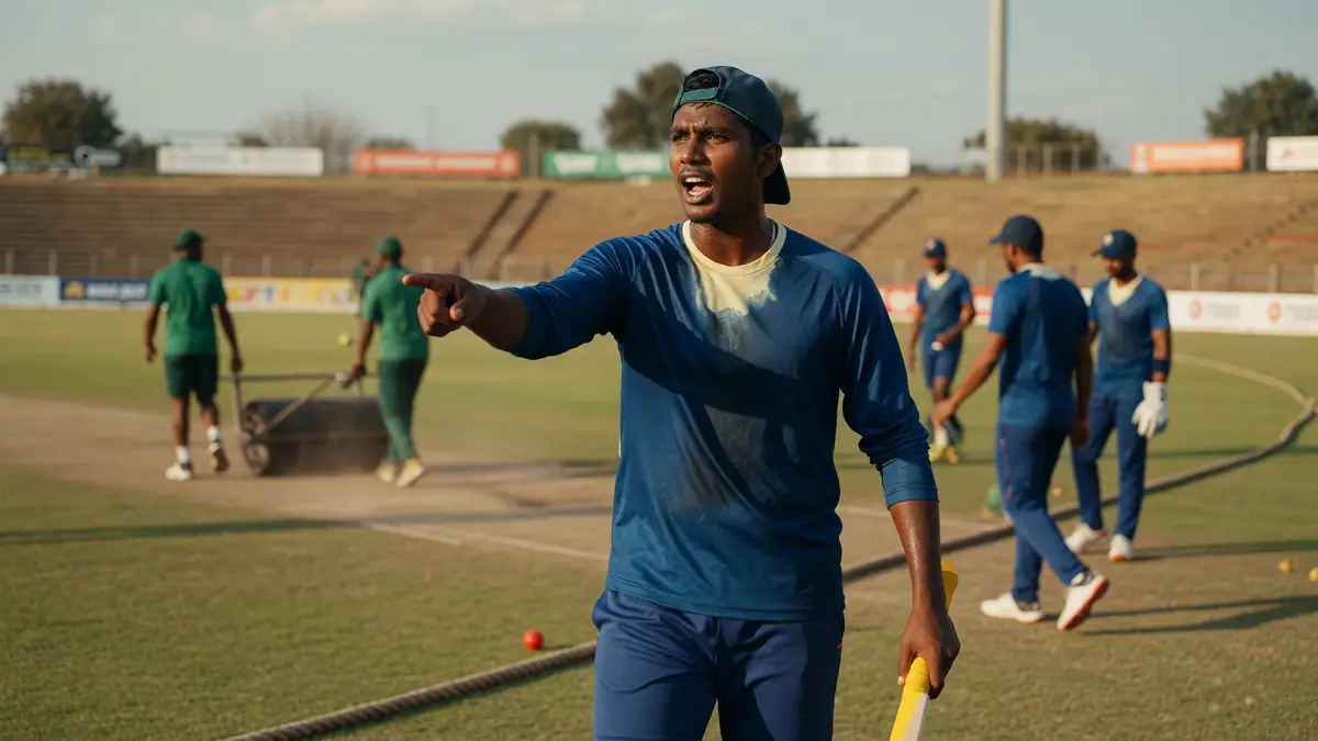 Blue-kit batter in a cap pointing across a practice ground while holding a bat, with teammates and ground staff blurred behind