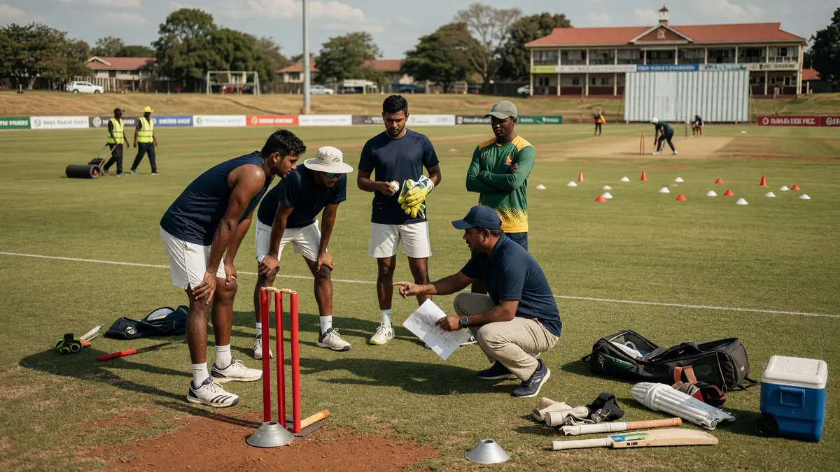 Coach kneeling with a clipboard beside red practice stumps while navy-kit players and a green-kit teammate listen on the outfield