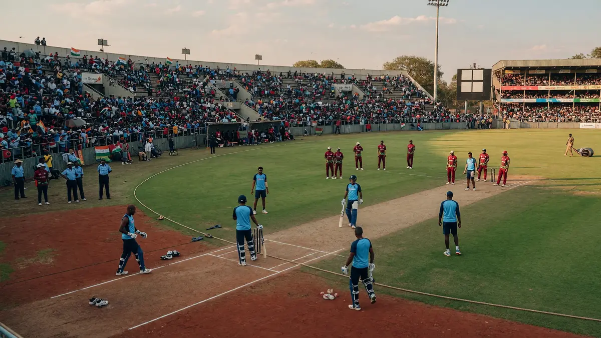 Wide view of a packed cricket stadium at dusk with blue- and maroon-kit sides on the square and stands full of spectators