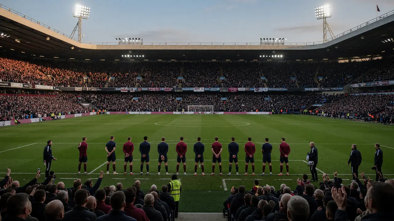 Wide evening view of a football stadium with the pitch lit and supporters filling the stands